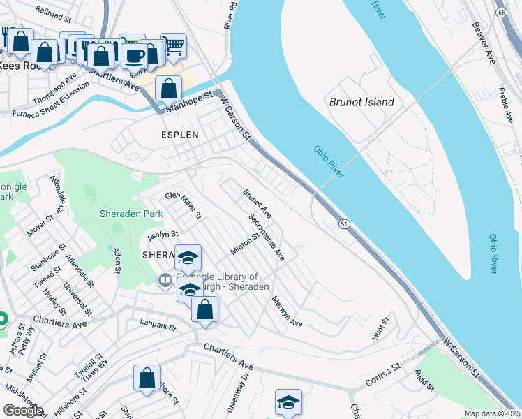 map of restaurants, bars, coffee shops, grocery stores, and more near 3113 Brunot Avenue in Pittsburgh