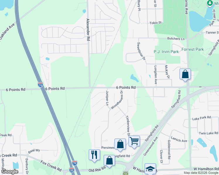 map of restaurants, bars, coffee shops, grocery stores, and more near 1545-1557 6 Points Road in Bloomington
