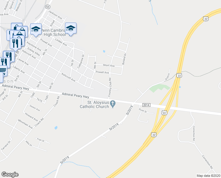 map of restaurants, bars, coffee shops, grocery stores, and more near 898 Keystone Ave in Cresson