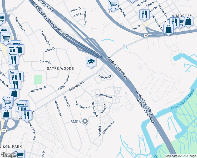 map of restaurants, bars, coffee shops, grocery stores, and more near 20 Pointe of Woods Drive in Sayreville