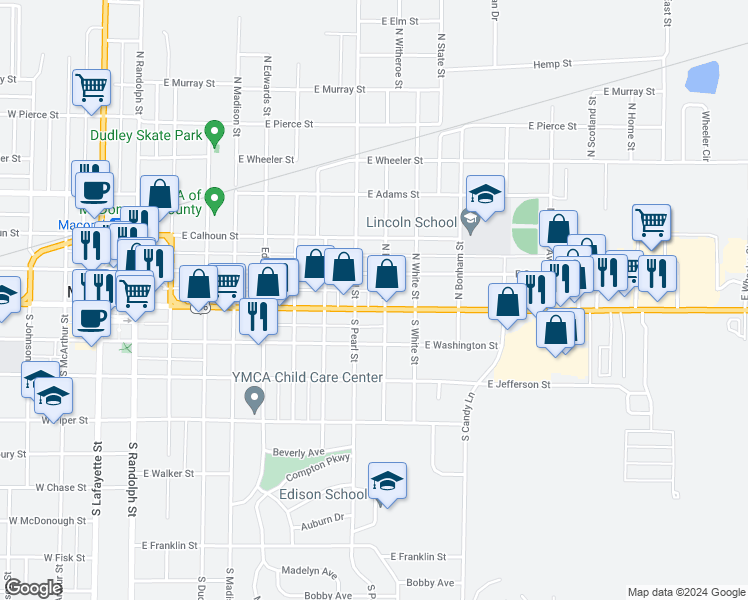 map of restaurants, bars, coffee shops, grocery stores, and more near 916 East Jackson Street in Macomb