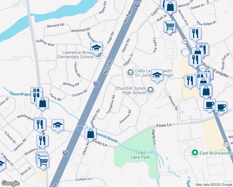 map of restaurants, bars, coffee shops, grocery stores, and more near 5 Tompkins Road in East Brunswick