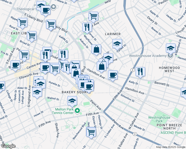 map of restaurants, bars, coffee shops, grocery stores, and more near 6503 Hamilton Avenue in Pittsburgh