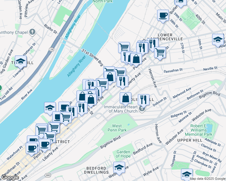 map of restaurants, bars, coffee shops, grocery stores, and more near 3001 Penn Avenue in Pittsburgh