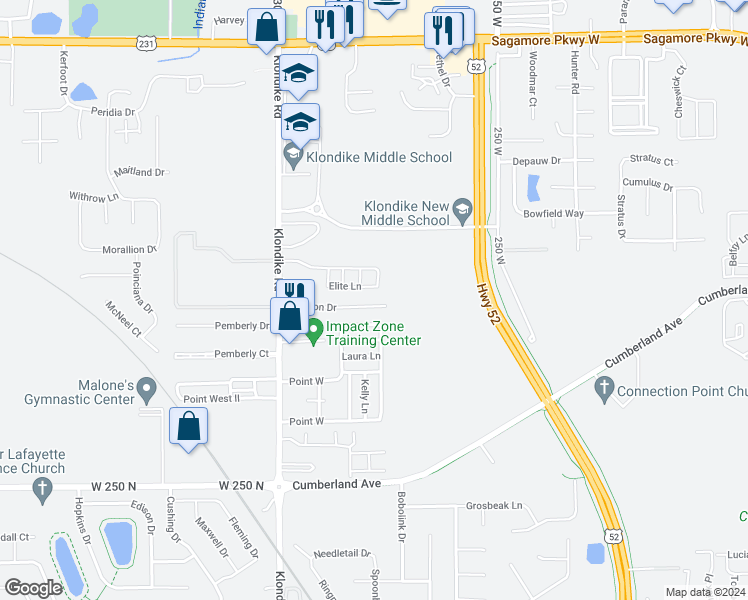map of restaurants, bars, coffee shops, grocery stores, and more near 2804 Horizon Drive in West Lafayette