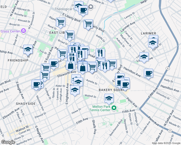 map of restaurants, bars, coffee shops, grocery stores, and more near Shakespeare Street in Pittsburgh