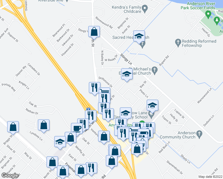 map of restaurants, bars, coffee shops, grocery stores, and more near 3190 Driftstone Drive in Anderson