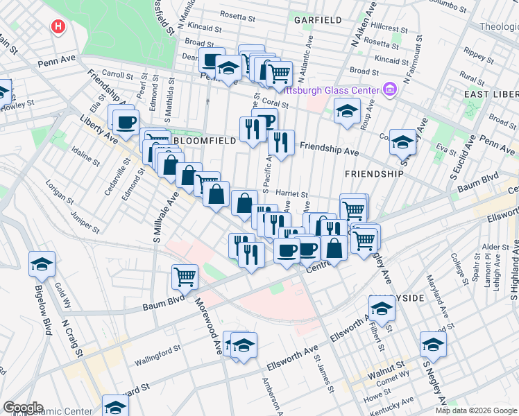 map of restaurants, bars, coffee shops, grocery stores, and more near 408 South Pacific Avenue in Pittsburgh