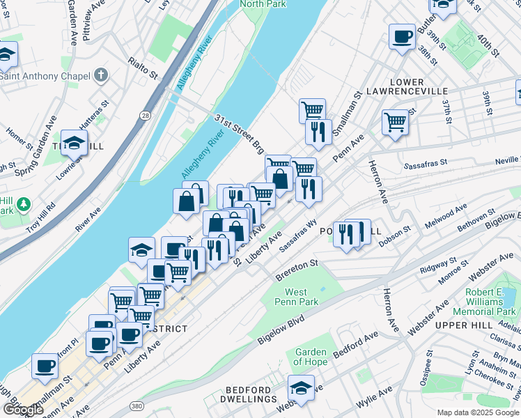 map of restaurants, bars, coffee shops, grocery stores, and more near 2943 Smallman Street in Pittsburgh