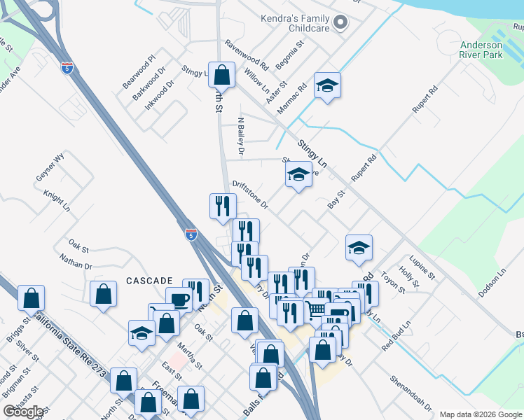 map of restaurants, bars, coffee shops, grocery stores, and more near 3220 Driftstone Drive in Anderson