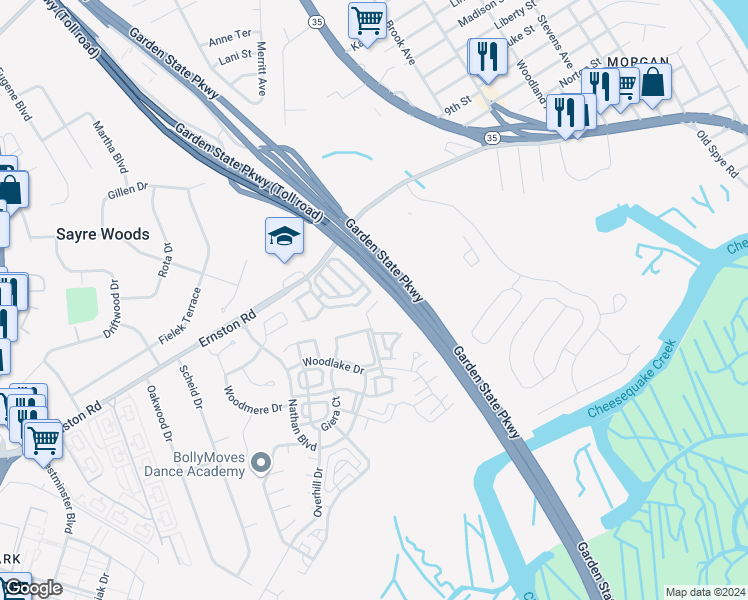 map of restaurants, bars, coffee shops, grocery stores, and more near 163 Samuel Circle in Sayreville