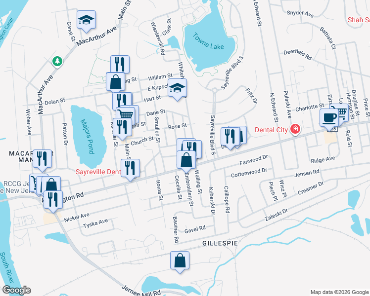 map of restaurants, bars, coffee shops, grocery stores, and more near 33 Smith Street in Sayreville