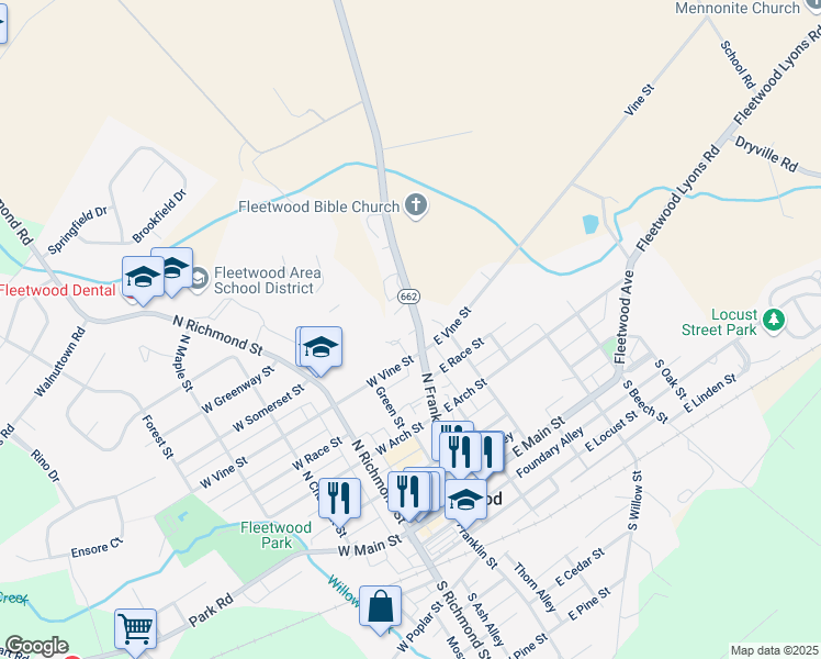 map of restaurants, bars, coffee shops, grocery stores, and more near 2870 Moselem Spring Road in Fleetwood