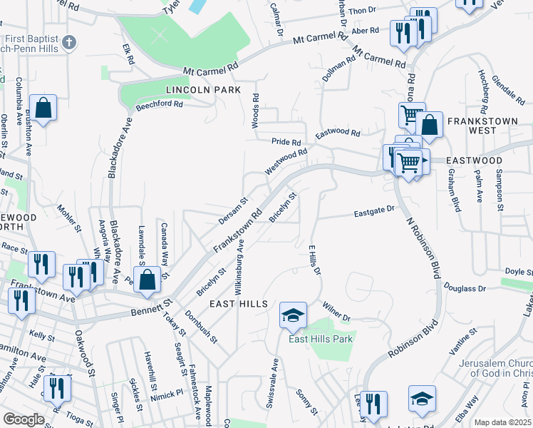 map of restaurants, bars, coffee shops, grocery stores, and more near 8701 Bricelyn Street in Pittsburgh