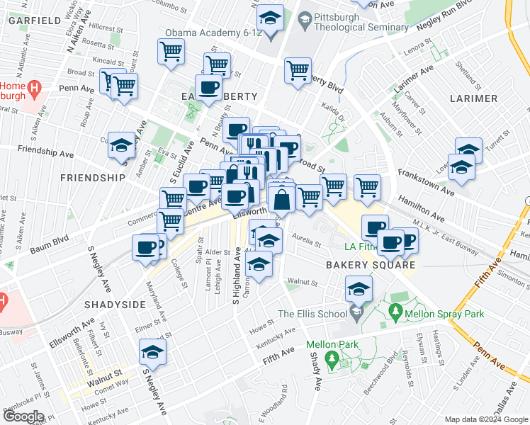 map of restaurants, bars, coffee shops, grocery stores, and more near in Pittsburgh