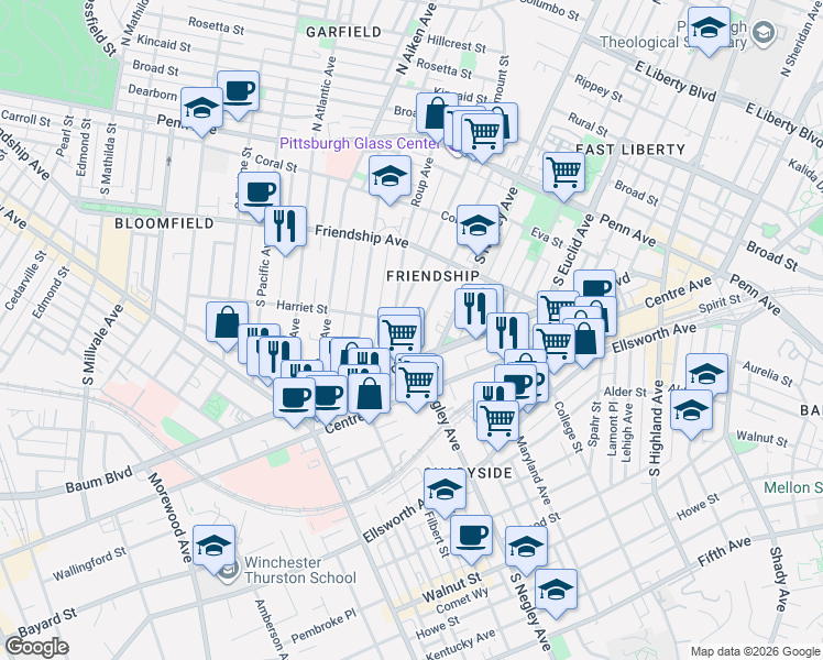 map of restaurants, bars, coffee shops, grocery stores, and more near 375 South Fairmount Street in Pittsburgh