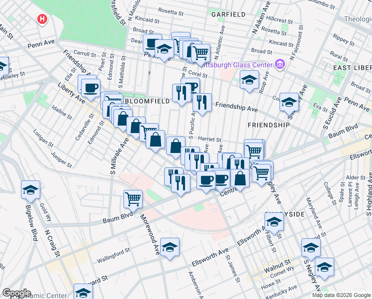 map of restaurants, bars, coffee shops, grocery stores, and more near 408 South Pacific Avenue in Pittsburgh