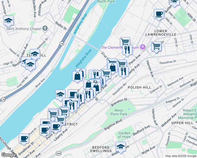 map of restaurants, bars, coffee shops, grocery stores, and more near in Pittsburgh