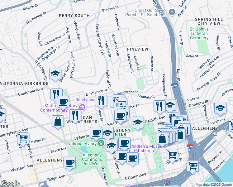 map of restaurants, bars, coffee shops, grocery stores, and more near in Pittsburgh