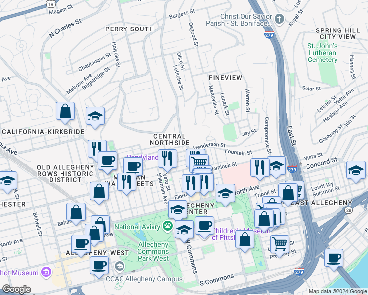 map of restaurants, bars, coffee shops, grocery stores, and more near 100 Jefferson Street in Pittsburgh