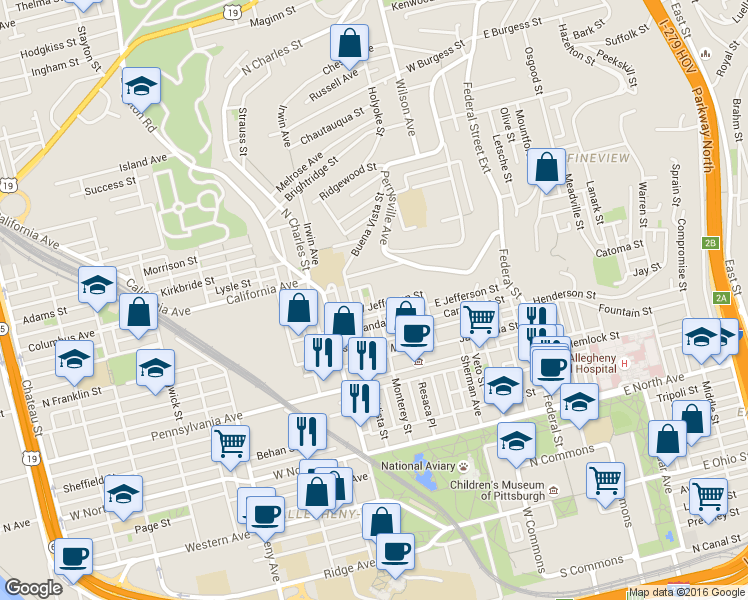 map of restaurants, bars, coffee shops, grocery stores, and more near 606 Rednap Street in Pittsburgh