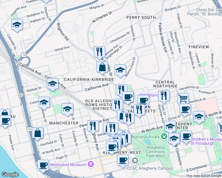 map of restaurants, bars, coffee shops, grocery stores, and more near in Pittsburgh