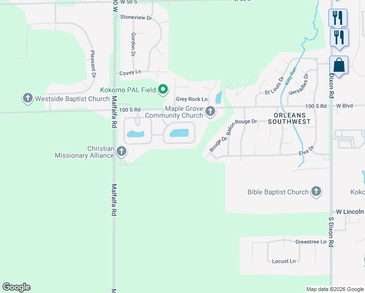 map of restaurants, bars, coffee shops, grocery stores, and more near 3397 Weathered Rock Cir in Kokomo
