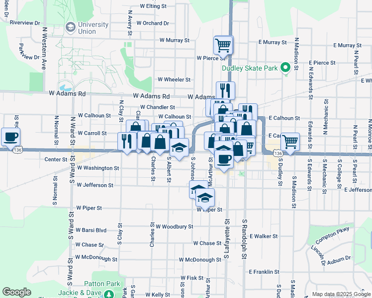 map of restaurants, bars, coffee shops, grocery stores, and more near 128 Chicago - Kansas City Expressway in Macomb