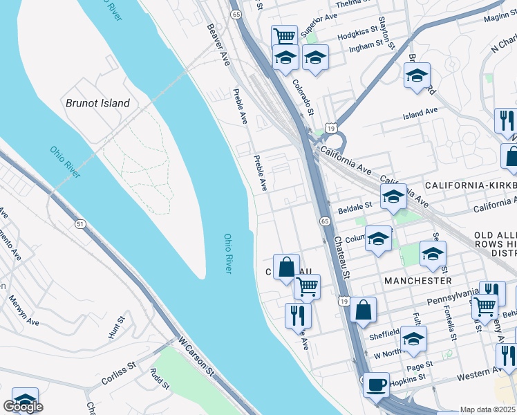 map of restaurants, bars, coffee shops, grocery stores, and more near 2001 Preble Avenue in Pittsburgh