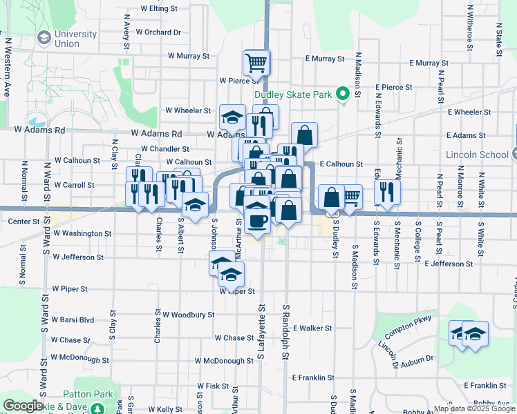 map of restaurants, bars, coffee shops, grocery stores, and more near 26 West Side Square in Macomb