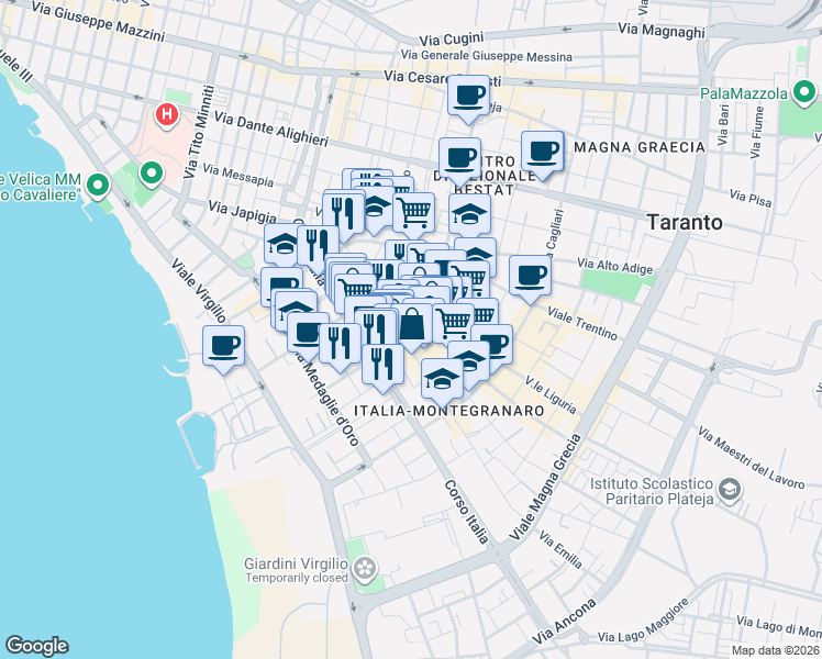 map of restaurants, bars, coffee shops, grocery stores, and more near 37 Via Emilia in Taranto