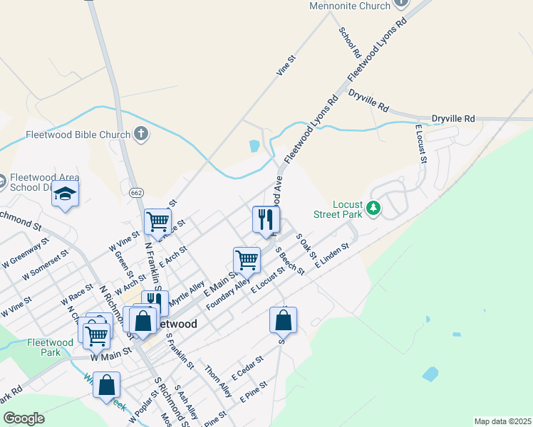 map of restaurants, bars, coffee shops, grocery stores, and more near 100 Fleetwood Avenue in Fleetwood