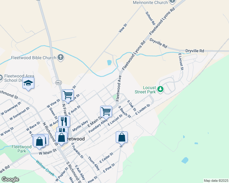 map of restaurants, bars, coffee shops, grocery stores, and more near 100 Fleetwood Avenue in Fleetwood