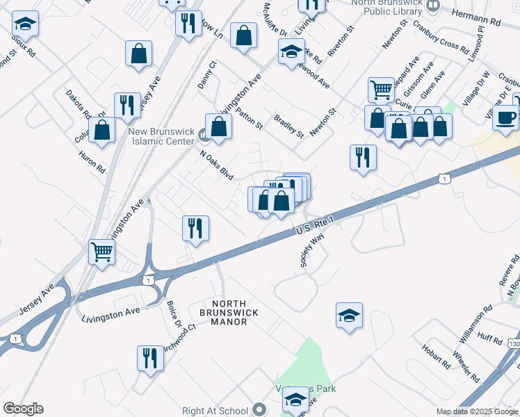 map of restaurants, bars, coffee shops, grocery stores, and more near 3202 North Oaks Boulevard in North Brunswick Township