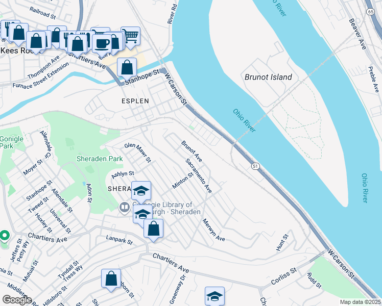 map of restaurants, bars, coffee shops, grocery stores, and more near 3113 Brunot Avenue in Pittsburgh