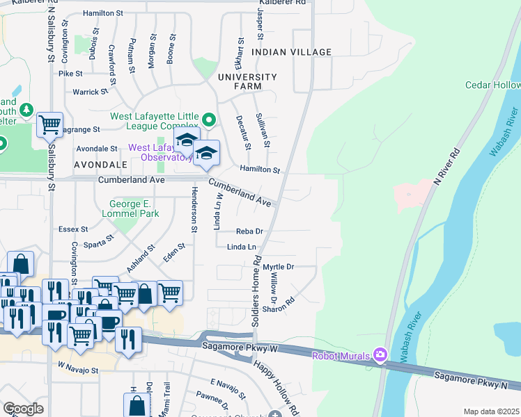 map of restaurants, bars, coffee shops, grocery stores, and more near 106 Arbour Court in West Lafayette