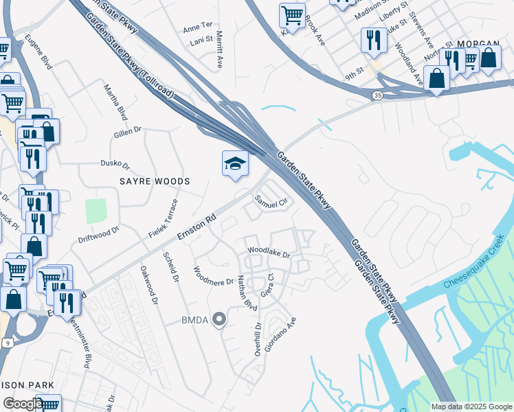 map of restaurants, bars, coffee shops, grocery stores, and more near Pointe of Woods Drive in Sayreville
