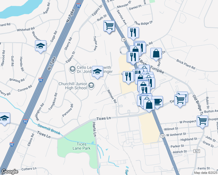 map of restaurants, bars, coffee shops, grocery stores, and more near 14 Lake Avenue in East Brunswick