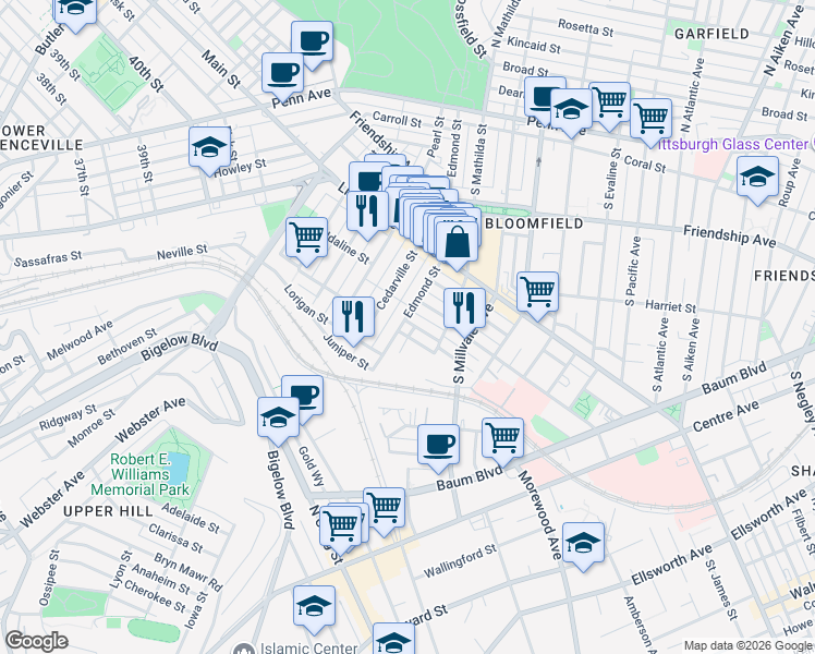 map of restaurants, bars, coffee shops, grocery stores, and more near 427 State Way in Pittsburgh