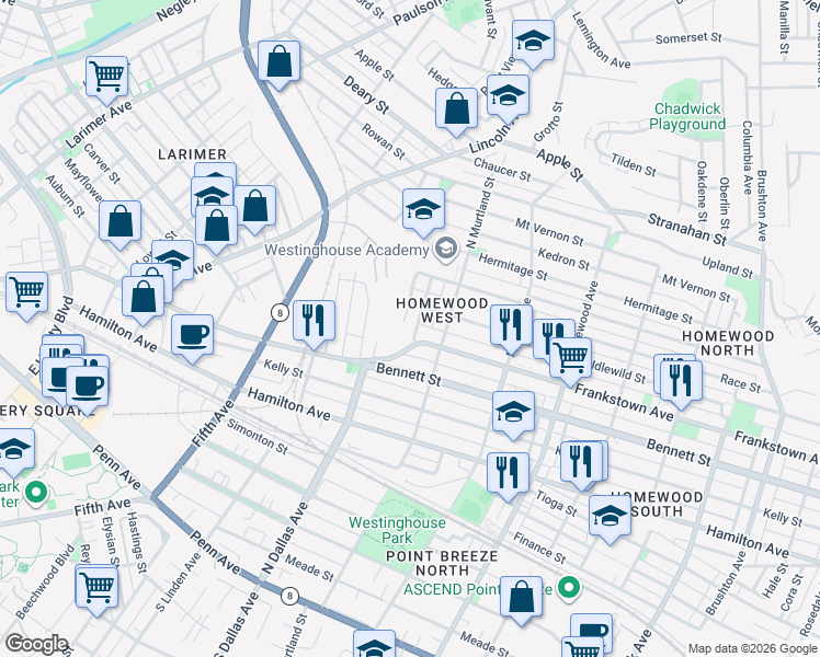 map of restaurants, bars, coffee shops, grocery stores, and more near 6935 Frankstown Avenue in Pittsburgh