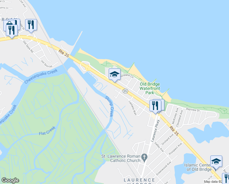 map of restaurants, bars, coffee shops, grocery stores, and more near 6 Rowan Way in South Amboy
