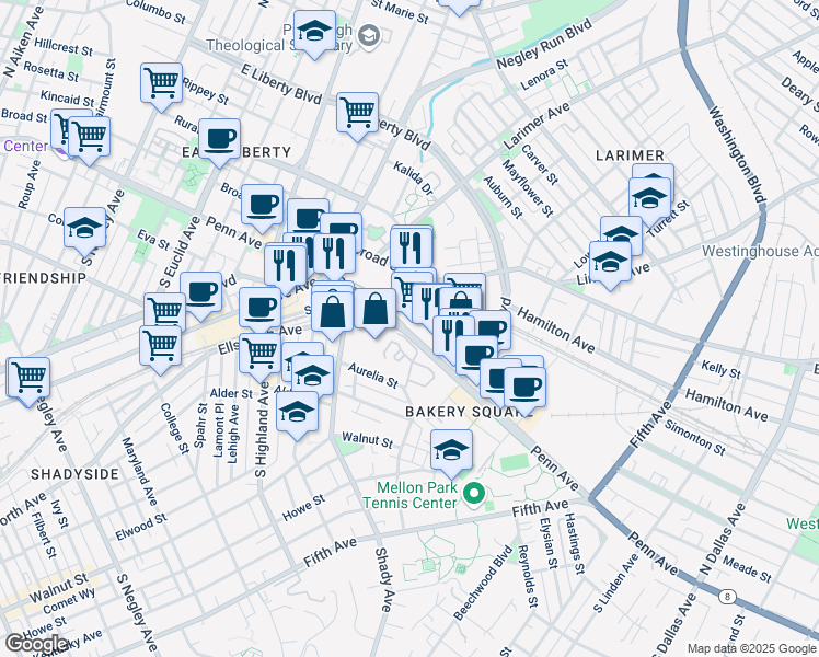 map of restaurants, bars, coffee shops, grocery stores, and more near 6325 Penn Avenue in Pittsburgh