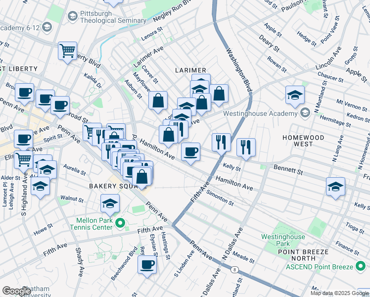 map of restaurants, bars, coffee shops, grocery stores, and more near 101 Continental Street in Pittsburgh