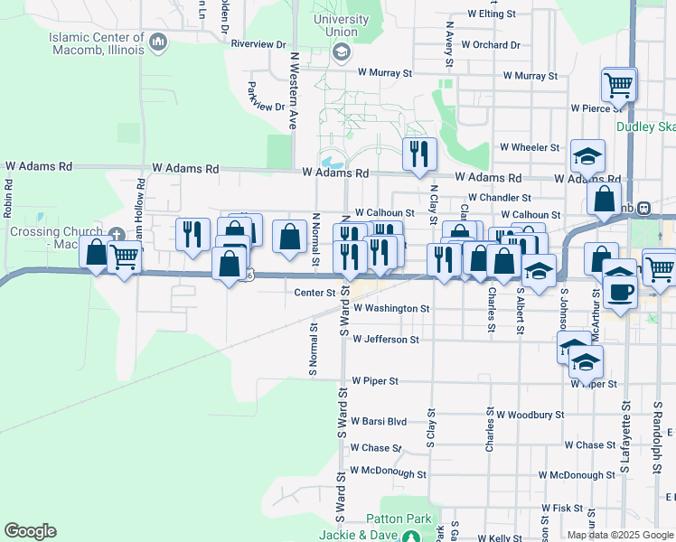 map of restaurants, bars, coffee shops, grocery stores, and more near 104 North Ward Street in Macomb