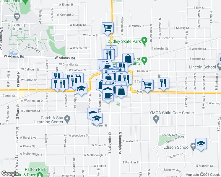 map of restaurants, bars, coffee shops, grocery stores, and more near 100-138 N Lafayette St in Macomb