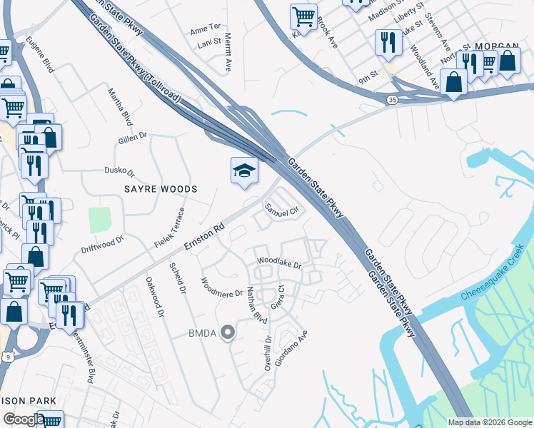 map of restaurants, bars, coffee shops, grocery stores, and more near 20 Pointe of Woods Drive North in Sayreville