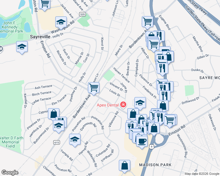 map of restaurants, bars, coffee shops, grocery stores, and more near 3 Vincent Street in Sayreville