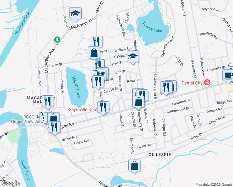 map of restaurants, bars, coffee shops, grocery stores, and more near 38 Smullen Street in Sayreville