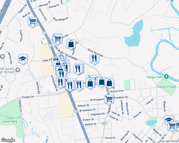 map of restaurants, bars, coffee shops, grocery stores, and more near 527 Old Bridge Turnpike in East Brunswick
