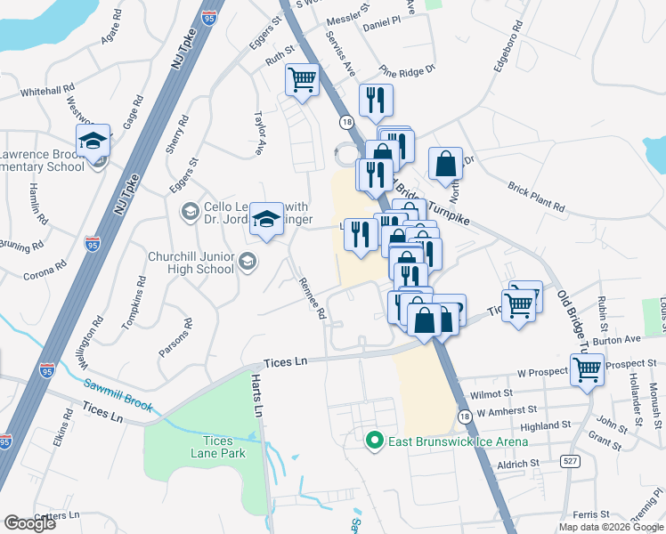map of restaurants, bars, coffee shops, grocery stores, and more near 6 Lake Avenue in East Brunswick